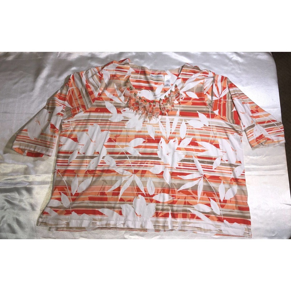 Alfred Dunner Woman Shirt Stretch Orange Stripe Floral Stud Fringe Collar Sz 3x